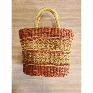 Handcrafted Woven Basket Vietnam Oval Gingham Lined Natural Fiber Storage Tote